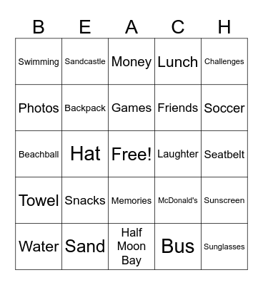 Beach Trip Bingo Card