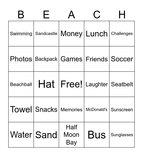 Beach Trip Bingo Card