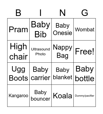 Lucienne's baby shower bingo Card