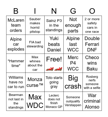 F1 Season 2024 Bingo Card