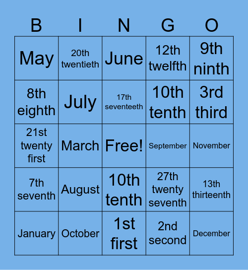 months and ordinal numbers Bingo Card