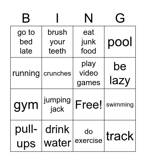Habits & Exercise Bingo Card