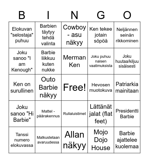 Barbie elokuva bingo Card