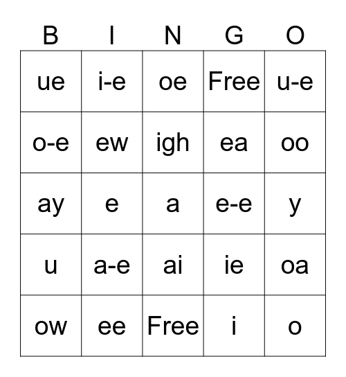 Vowel sounds bingo Card