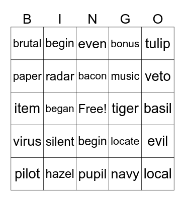 Open Syllable Bingo Card