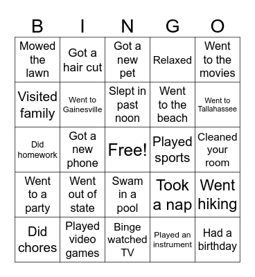 Spring Break Bingo Card