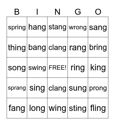 BINGO  (ing/ang/ong/ung) Bingo Card