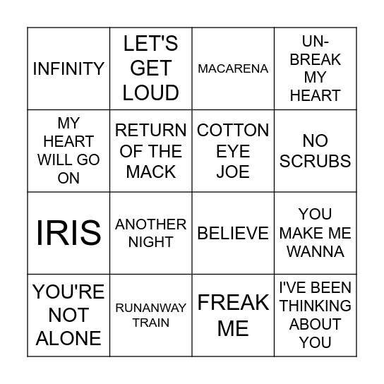 Round 1 - 90's Music Bingo Card