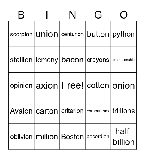-ON  /in/ /un/ & -ION /yun/ /ee un/ Bingo Card