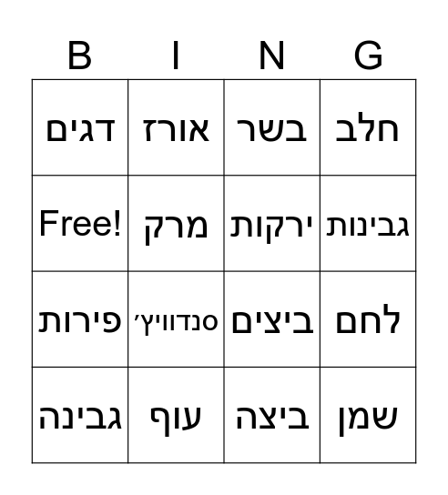 אוכל Bingo Card