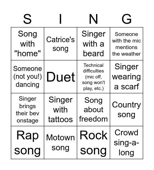 Karaoke Bingo Card