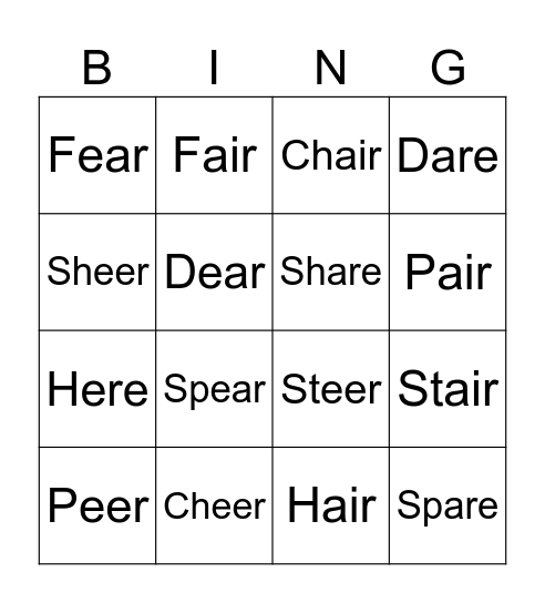 Ear/Air Vocalic /r/ Bingo Card