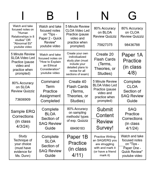 SL IB Exam Review Bingo Card