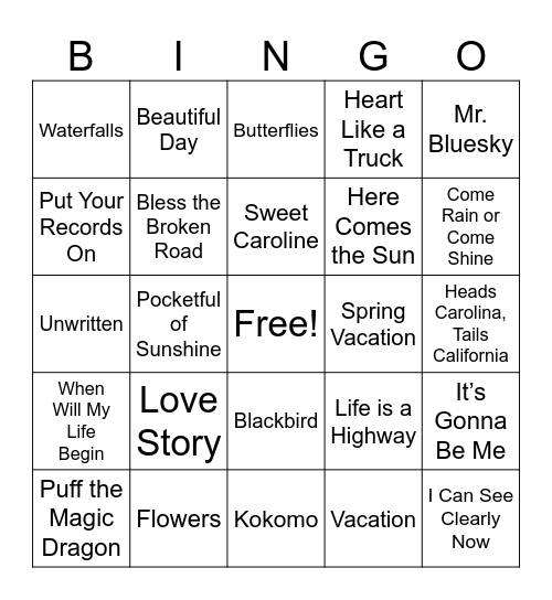 Spring Music Bingo Card