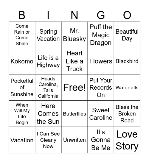 Spring Music Bingo Card