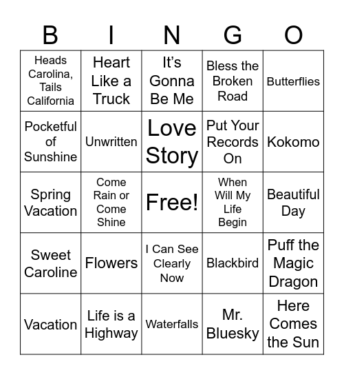 Spring Music Bingo Card
