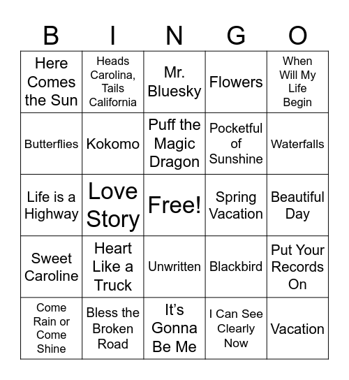Spring Music Bingo Card