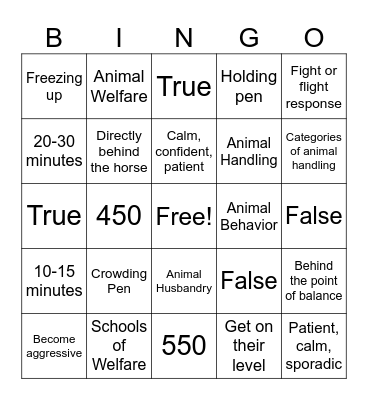 Principles of Livestock Handling Bingo Card