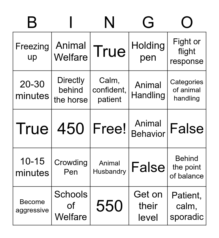 Principles of Livestock Handling Bingo Card