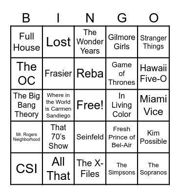 TV Theme Songs 80's-2000's Bingo Card