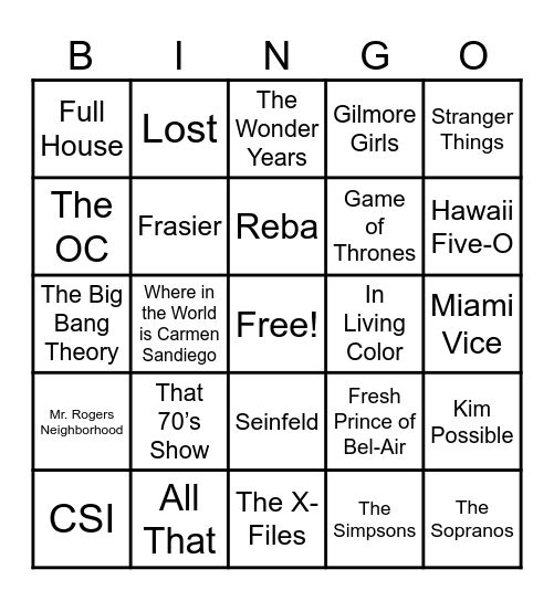 TV Theme Songs 80's-2000's Bingo Card
