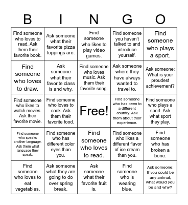 Get to know you Bingo Card