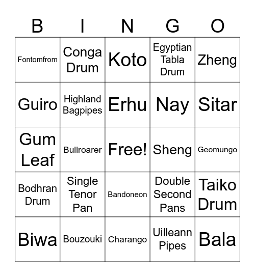 World Music Bingo Card