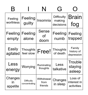 Signs of Depression Bingo Card