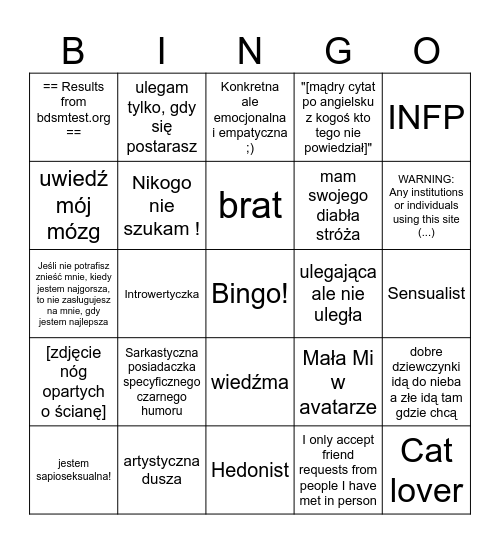 Kobiece profile na Fetlife Bingo Card