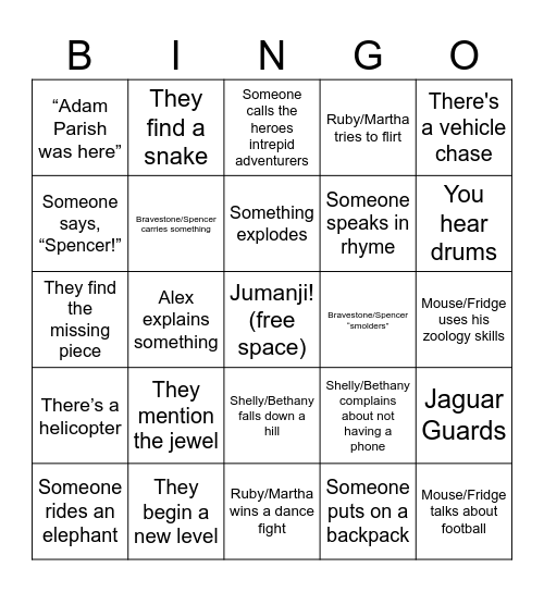 Jumanji: Welcome to the Jungle Bingo Card