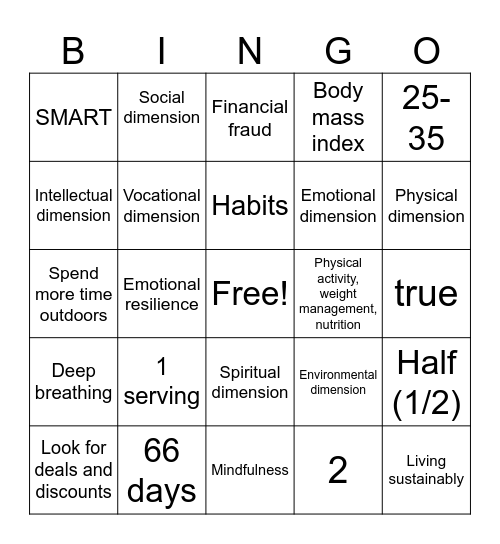 Well-Being Bingo Card