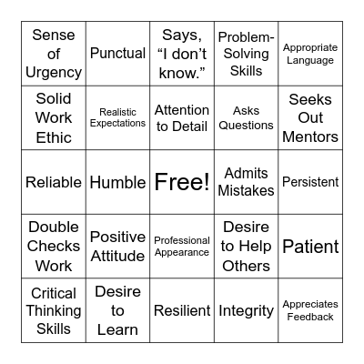 Technician Traits Bingo Card