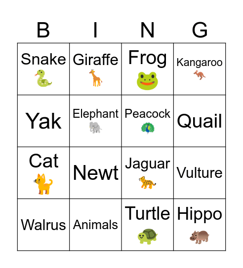 ABC Animals Bingo Card