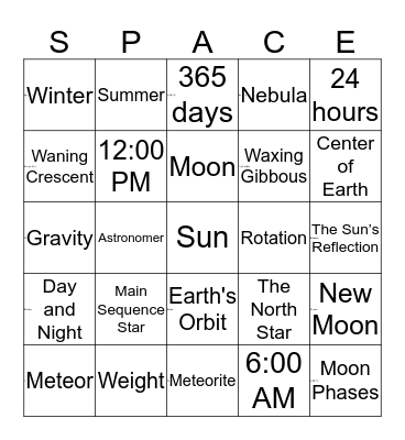 Space Science Review Bingo Card