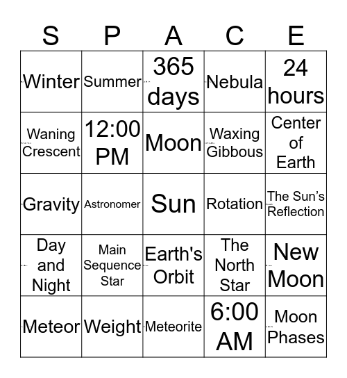 Space Science Review Bingo Card