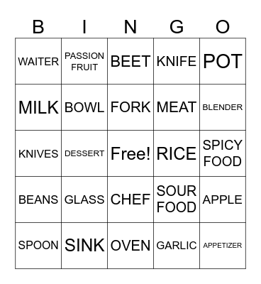 FOOD AND UTENSILS Bingo Card