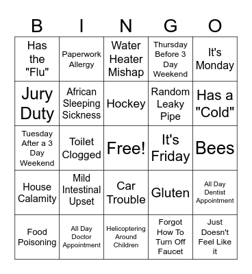 Absence Bingo Card