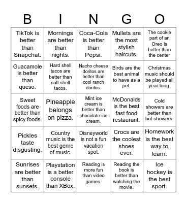 Hot Takes Bingo Card