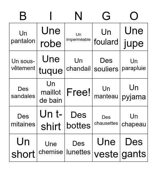 Les vêtements Bingo Card