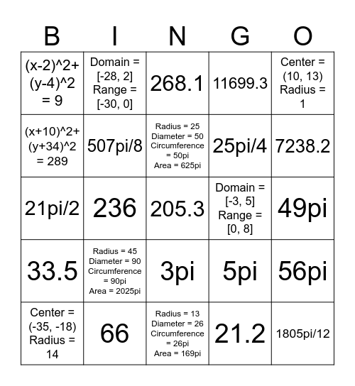 Unit 10 Circles and Volume BINGO Review Bingo Card