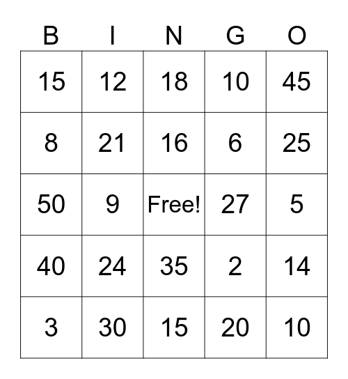 Multiplication Bingo! 2s, 3s, 5s Bingo Card