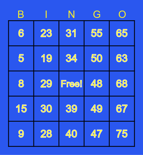 Number Bingo 1-75 Bingo Card