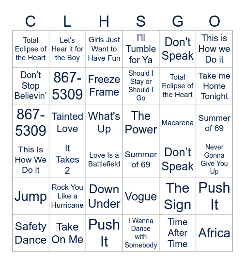 80's & 90's Musical Bingo Card