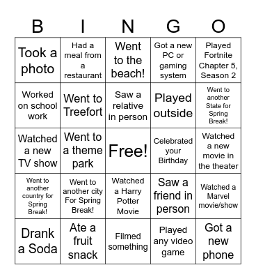 Return from Spring Break Bingo Card