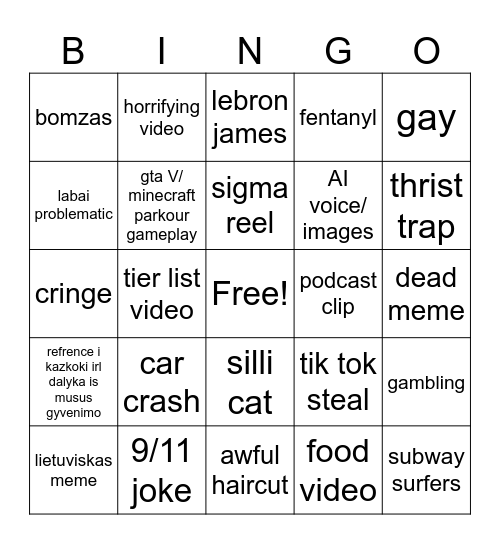 instagram reels bingo Card