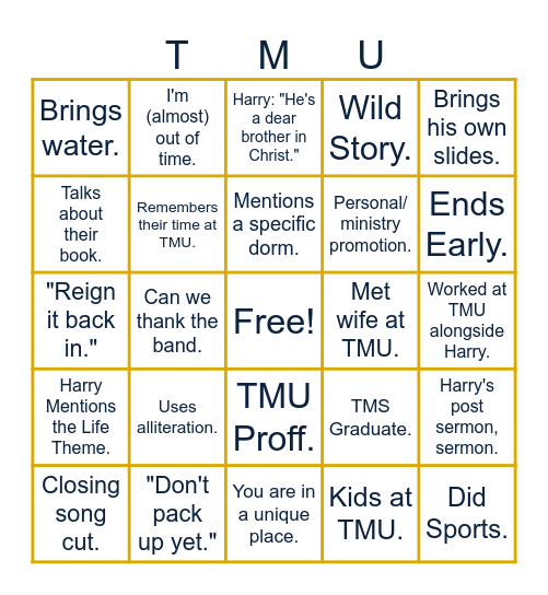 TMU Chapel Speaker Bingo Card