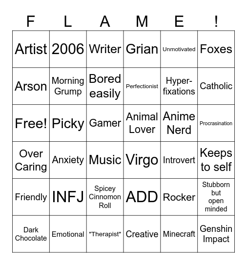 Flame's Bingo Card