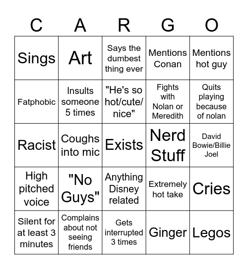 Cargo Bingo Card