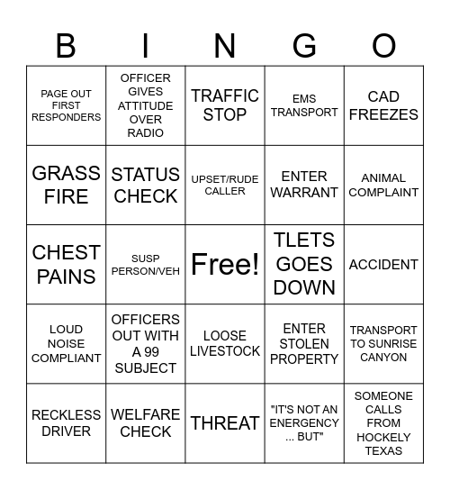 911 DISPATHER Bingo Card