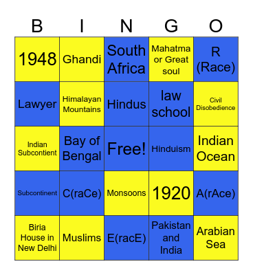 Free and Modern India: Gandhi's Influence Bingo Card
